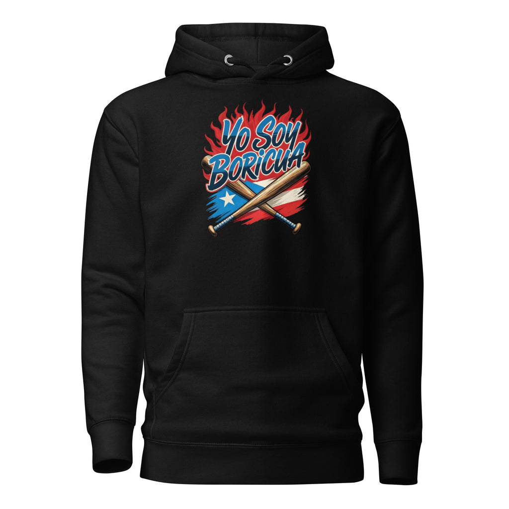 Yo Soy Boricua Puerto Rican Pride Baseball Hoodie with crossed bats and PR flag design